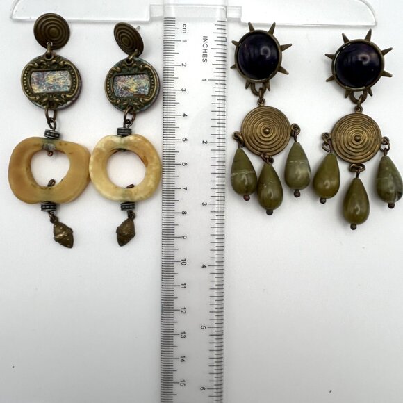 Vintage Boho Artisan Statement Earring Bundle Brass Tone Dangles Hoop - Picture 4 of 16